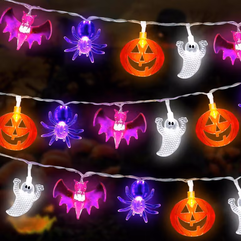 Catena luminosa a tema Halloween, 7 metri, 40 LED, con decorazioni a forma di zucca, fantasma, pipistrello e ragno