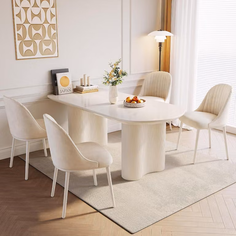 Tavolo da pranzo con 4 sedie, colore bianco, dimensioni 160 cm, stile minimalista