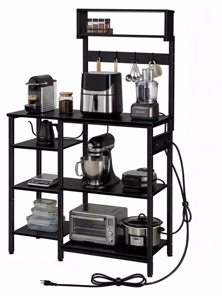 Scaffale da cucina Relaxdays con presa di corrente e porta USB, LxPxA: 151x82x40 cm, scaffale per microonde, scaffale da terra, effetto legno, metallo, nero