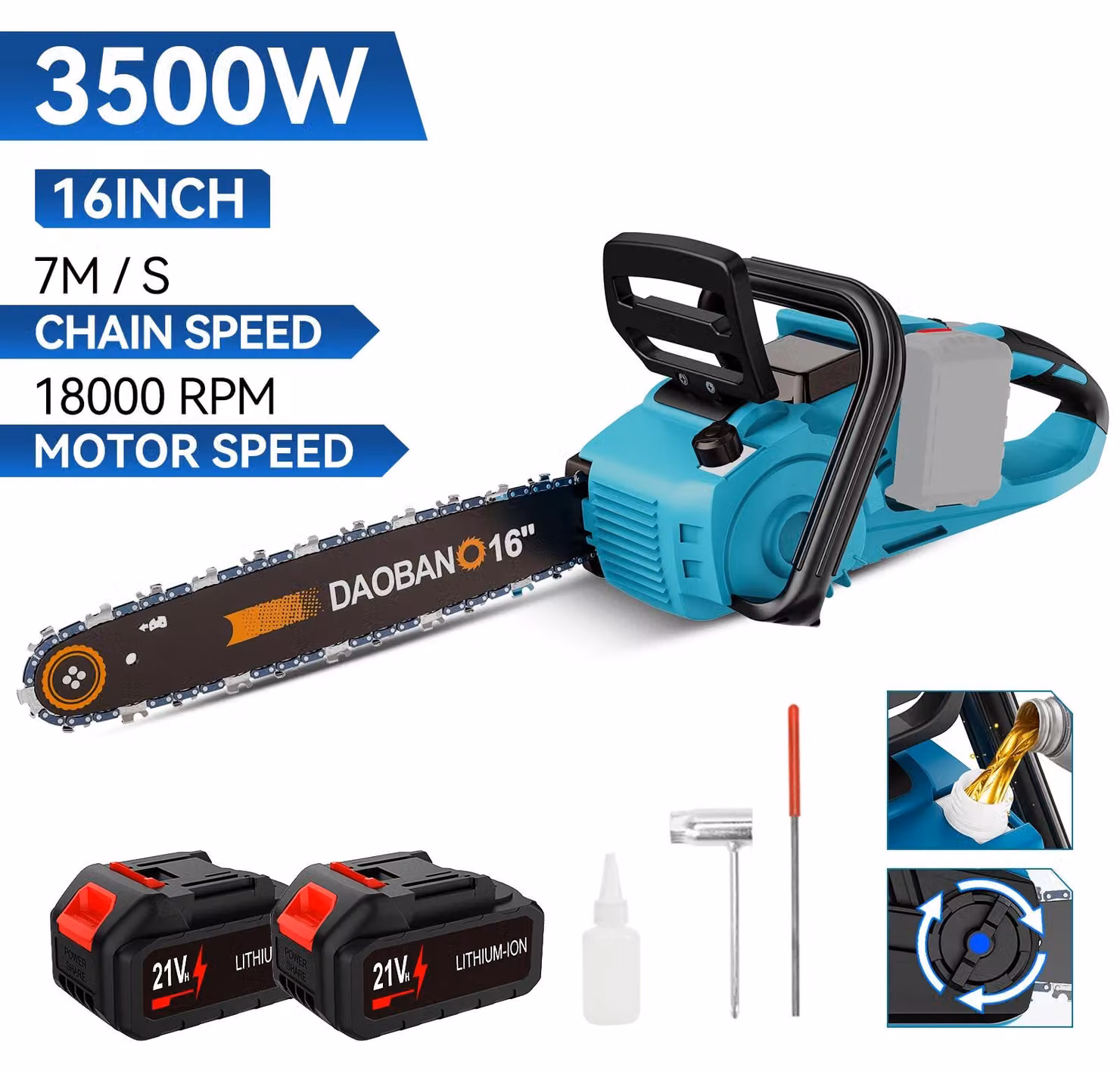 Troncatrice a batteria - Motosega senza fili - Lame da 40,6 cm - Motore brushless - Lubrificazione automatica della catena - 2 batterie da 15.000 mAh