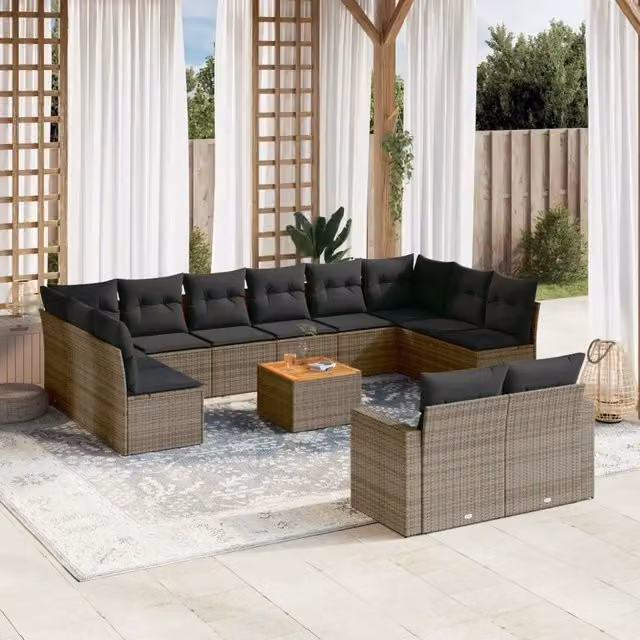 Set di divani da giardino a L con 13 pezzi vidaXL in polyrattan grigio con cuscini e tavolino da esterno