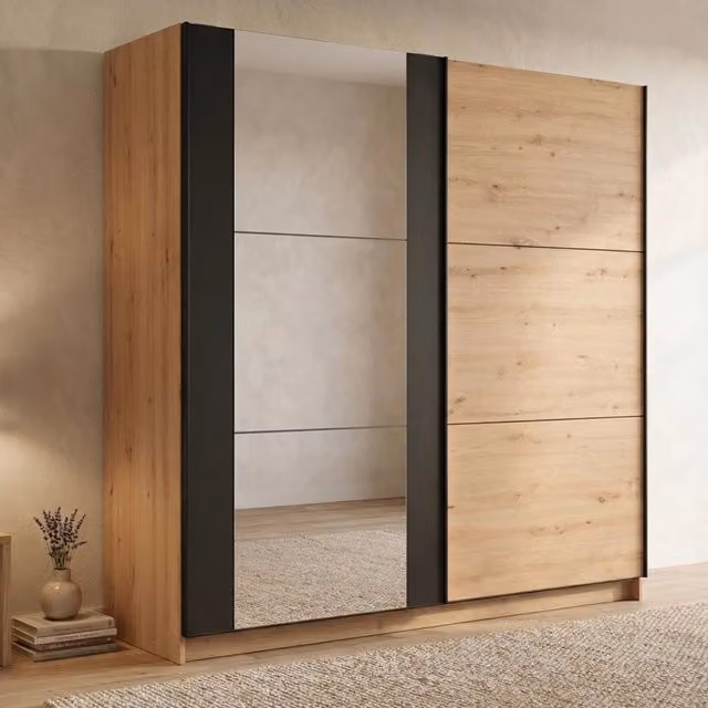 Armadio da camera da letto DMORA Gandino con ante scorrevoli in vetro e legno rovere, L: 217 cm, H: 210 cm