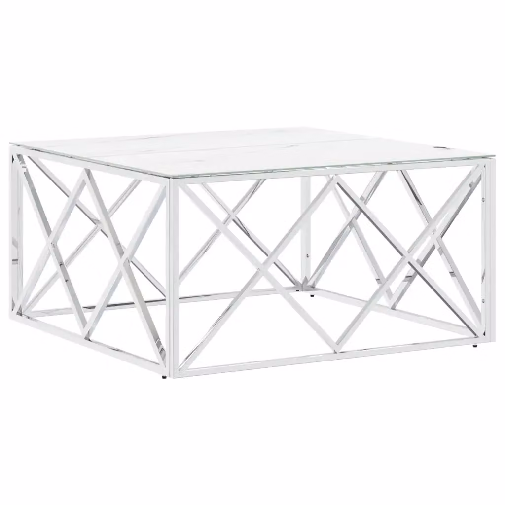 Tavolino da salotto moderno vidaXL in vetro e metallo, Argento e Bianco, L/P/H: 80 x 80 x 40 cm – 2