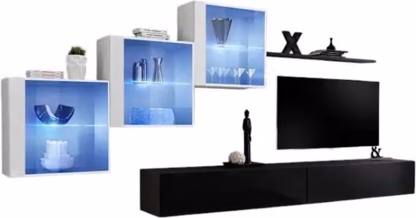 Composizione murale SWITCH XX - Doppio mobile TV, cubi con vetro LED e scaffale - Nero e bianco lucido - Design contemporaneo