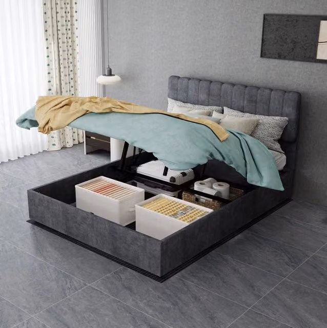 Letto matrimoniale 140x200 cm in tessuto grigio con struttura in metallo