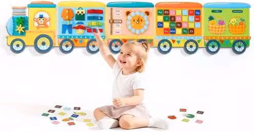 VEVOR Pannello Attività da Parete in Feltro Multicolore, Treno Montessori Pieghevole con 14 Elementi per Sviluppo Sensoriale, Linguistico e Logico-Matematico