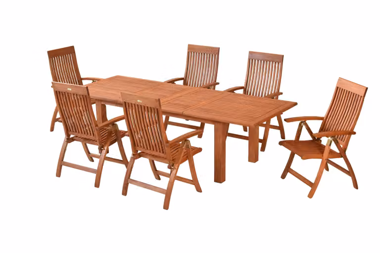 Set Comodoro 7 pezzi Merxx, 6 sedie pieghevoli Comodoro, regolabili in 5 direzioni, 1 tavolo doppio allungabile 180 (220/260) x 100 cm, eucalipto