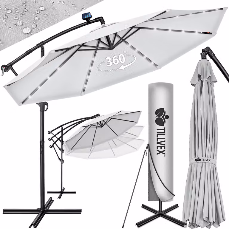 tillvex ombrellone a sbalzo in alluminio grigio LED solare Ø 350 cm con manovella | ombrellone con interruttore on/off | ombrellone da giardino protezione UV alluminio | ombrellone a manovella con supporto ombrellone da mercato impermeabile