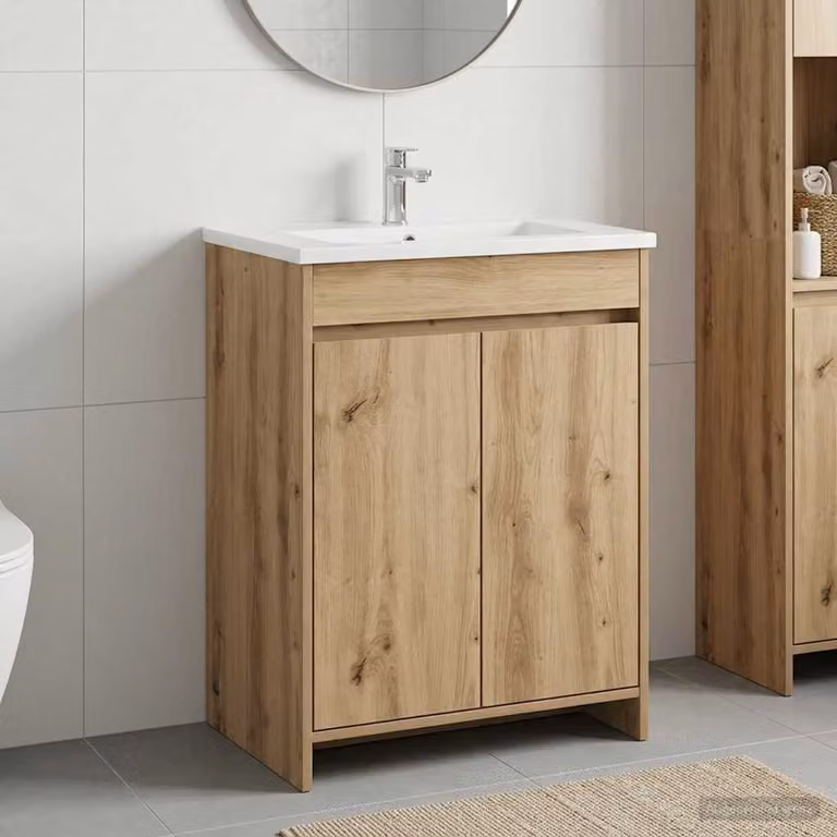 Mobiletto da bagno moderno vidaXL in legno color rovere marrone con ante a battente