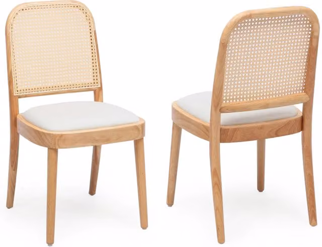 Set di 2 Sedie da Pranzo in Legno Massello con Schienale in Rattan e Rivestimento in Lino Naturale