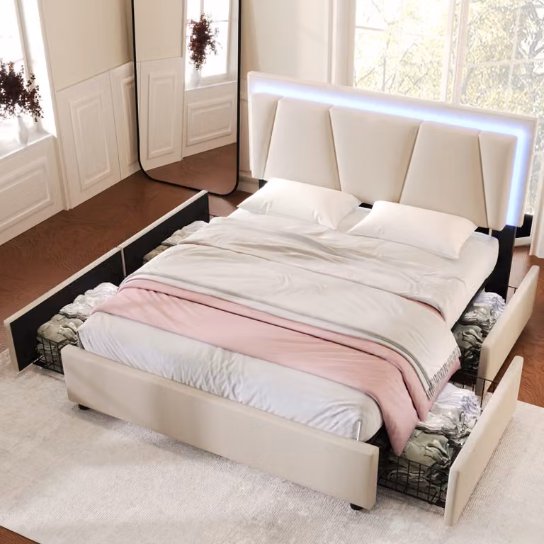 okwish Letto matrimoniale imbottito 140x200 cm con illuminazione a LED e 4 cassetti, poggiatesta regolabile in altezza, struttura letto contenitore, griglia in legno, beige (senza materasso)