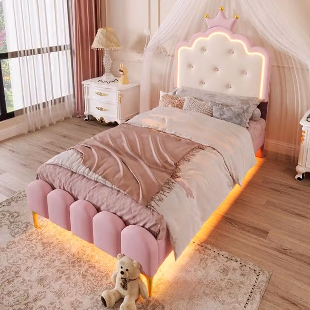 Letto 90x200 cm rosa - testiera a corona, LED e rete, senza materasso