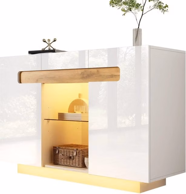 Credenza moderna con illuminazione LED e frontali lucidi per soggiorno, bianco, L: 120 cm, P: 40 cm, H: 80 cm