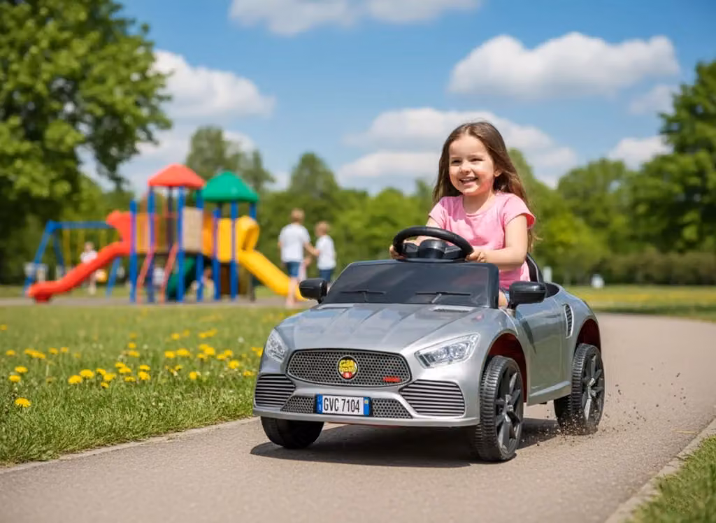 Macchina Elettrica per Bambini Deluxe Giordanoshop Argento con Maniglia di Spinta e Batteria Ricaricabile 12V 4,5Ah – 2