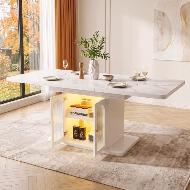 Tavolo da pranzo allungabile, 150/200 x 80 cm, effetto marmo, per 6-8 persone, con vano portaoggetti, illuminazione a LED, bianco