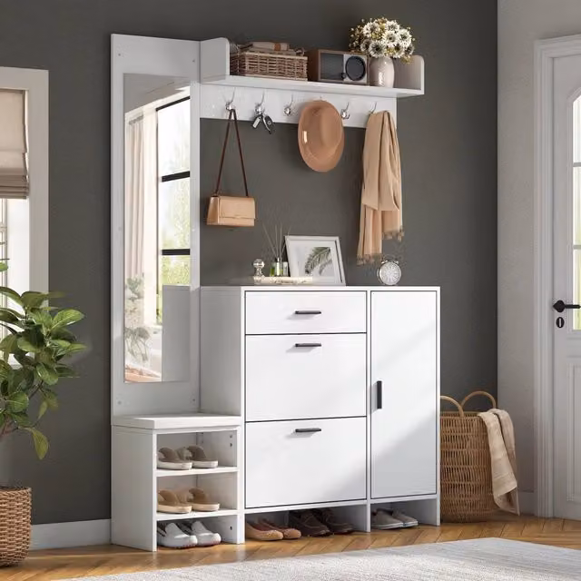 Guardaroba da ingresso Mivray moderno in MDF bianco con specchio, scarpiera, panca e 6 ganci, L/P/H: 140 x 30 x 200 cm