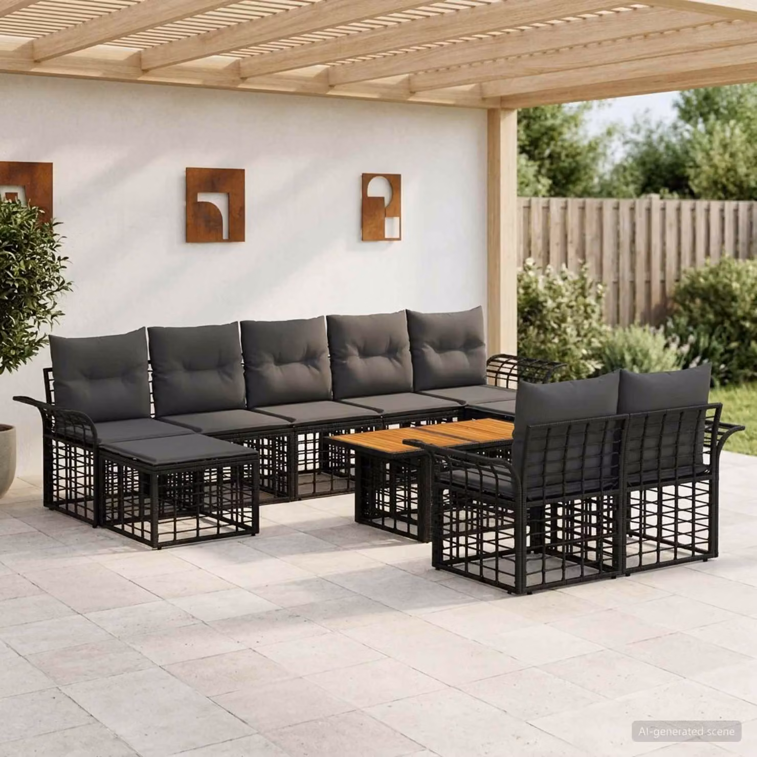 Set Divano da Giardino vidaXL 10 Pezzi a Forma di L con Tavolino e Pouf, Colore Nero e Grigio