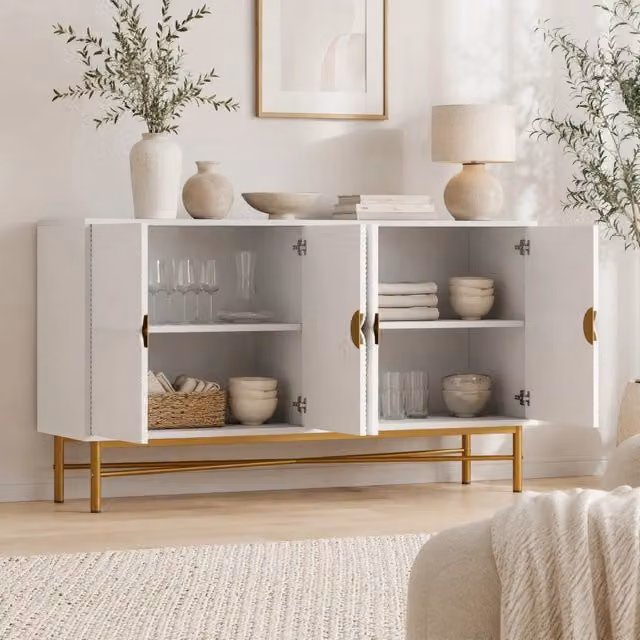 Madia moderna a 4 ante in MDF e truciolare bianco lucido con dettagli oro, L: 160 cm, P: 40 cm, H: 82 cm
