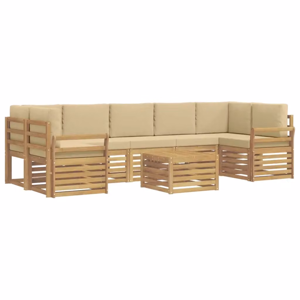 Set di divani da esterno vidaXL a forma di L con tavolo da caffè, in legno di acacia e tessuto beige e bianco resistente ai raggi UV, composto da 8 pezzi – 2
