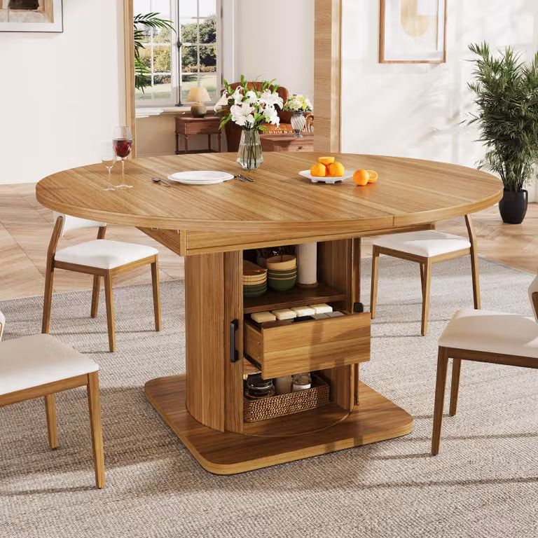 MODFU Tavolo da pranzo allungabile, tavolo rotondo da cucina, tavolo per il soggiorno, tavolo da pranzo 118–158 cm, tavolo con cassetti per un massimo di 6 persone