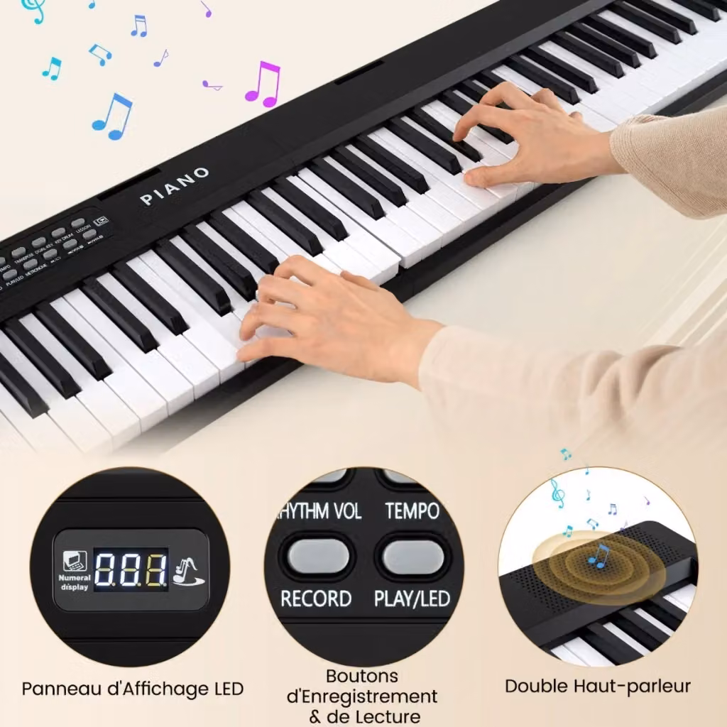 Tastiera elettronica pieghevole per pianoforte con 1000 toni e 3 modalità di insegnamento, colore nero, L: 128 cm, P: 23 cm, H: 5,5 cm – 2