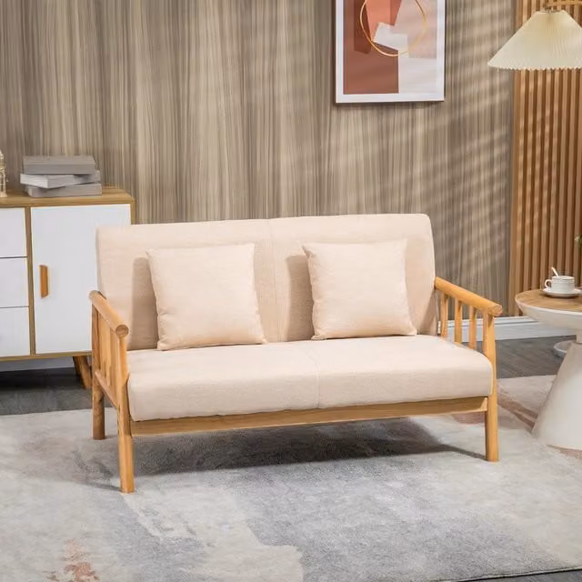 Divano 2 posti WISHDOR in tessuto beige con struttura in legno e cuscini, L: 123 cm, P: 74 cm, H: 69 cm
