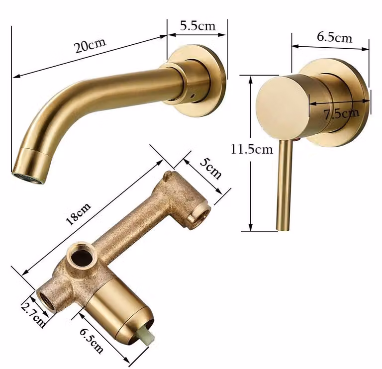Miscelatore per lavabo da bagno - Miscelatore da parete, incasso - Bocchetta girevole a 360° - Miscelatore monocomando - Acqua calda e fredda - Finitura dorata spazzolata