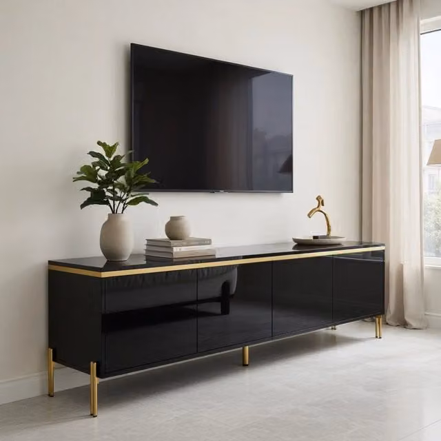 Cassettiera per TV KOMHTOM nera lucida con ripiani per media, L: 170 cm, P: 38 cm, H: 50 cm