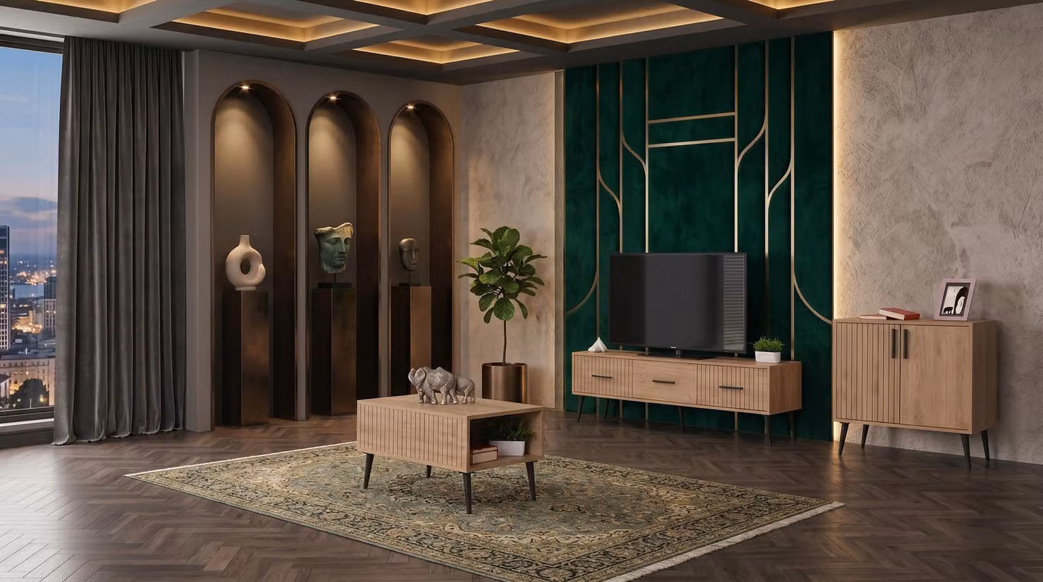 Divano moderno color marrone, mobile TV, tavolino, armadio, stile elegante
