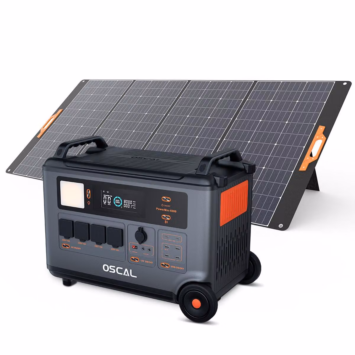 OSCAL PowerMax6000: Sistema di accumulo solare portatile da 3600Wh (6000W) + OSCAL PM400 SE: Pannello solare pieghevole da 400W. Sistema solare mobile per centraline di accumulo