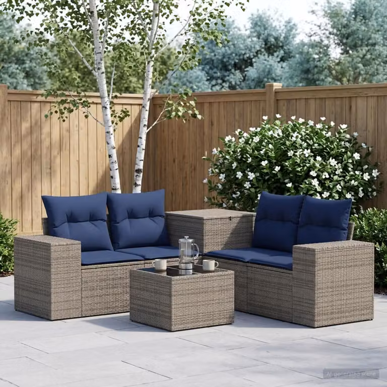 vidaXL Set di divani da giardino 6 pz a forma di L con tavolino, in rattan e acciaio, Grigio e Blu