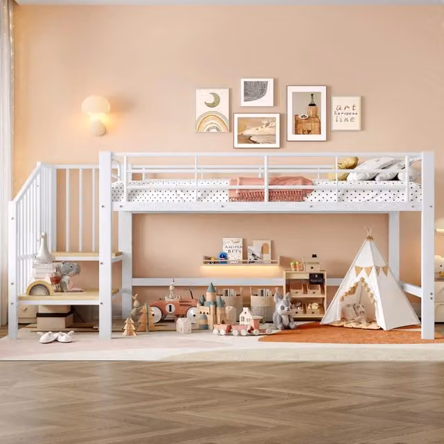 Letto rialzato per bambini 90x200 cm con scala contenitore; struttura in metallo bianca