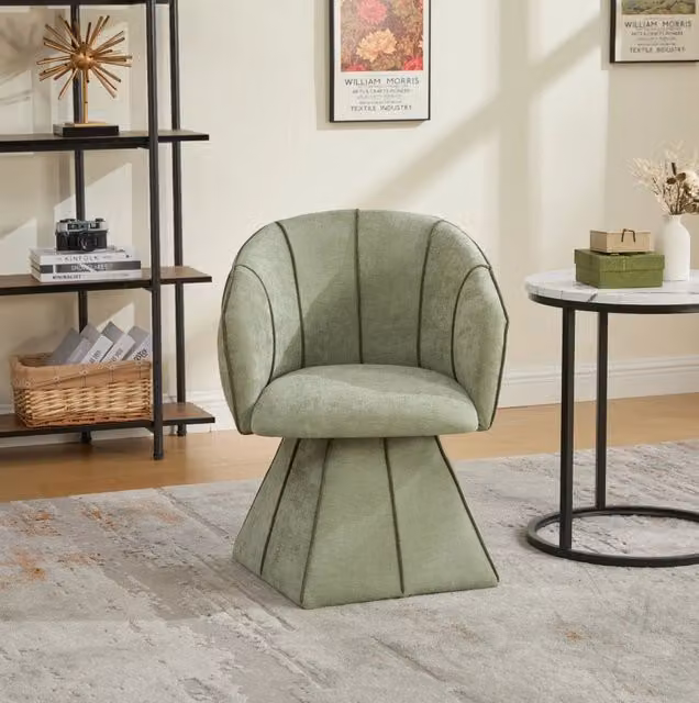 Poltrona girevole singola in tessuto chenille color oliva, ergonomica con schienale alto, adatta per adulti e ragazzi