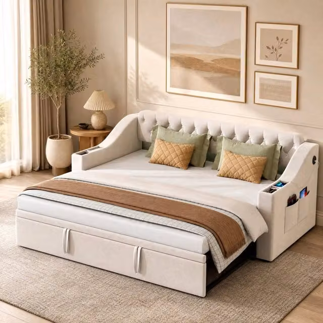 Divano letto imbottito 90x190/180x190 cm beige con USB