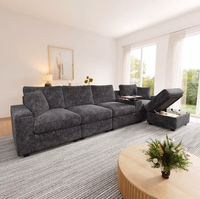 Divano modulare angolare ULEVR 313x147 cm con pouf contenitore, tavolino girevole 360¡ã, USB/Type-C, grigio