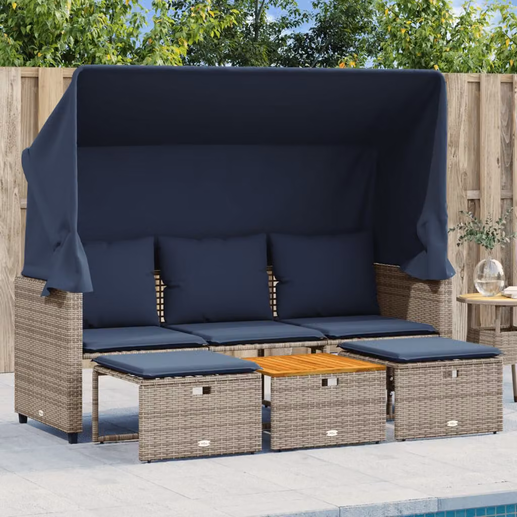 vidaXL Divano da giardino a 3 posti con baldacchino, sgabelli e tavolino in Polyrattan Grigio