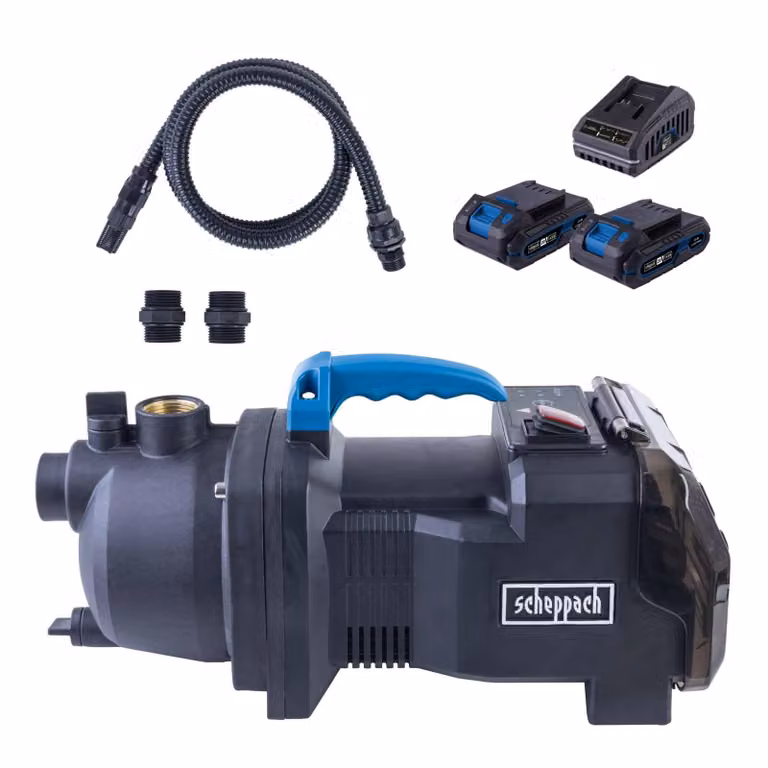 Pompa da giardino a batteria Scheppach C-GP3000-X - 20 V IXES | Pressione di pompaggio 2,6 bar | incl. 2 batterie da 2 Ah + caricabatterie da 2,4 A
