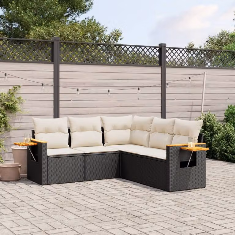 vidaXL Set Divani da Giardino a L 5 pz in Polyrattan Nero con Cuscini e Tavolino