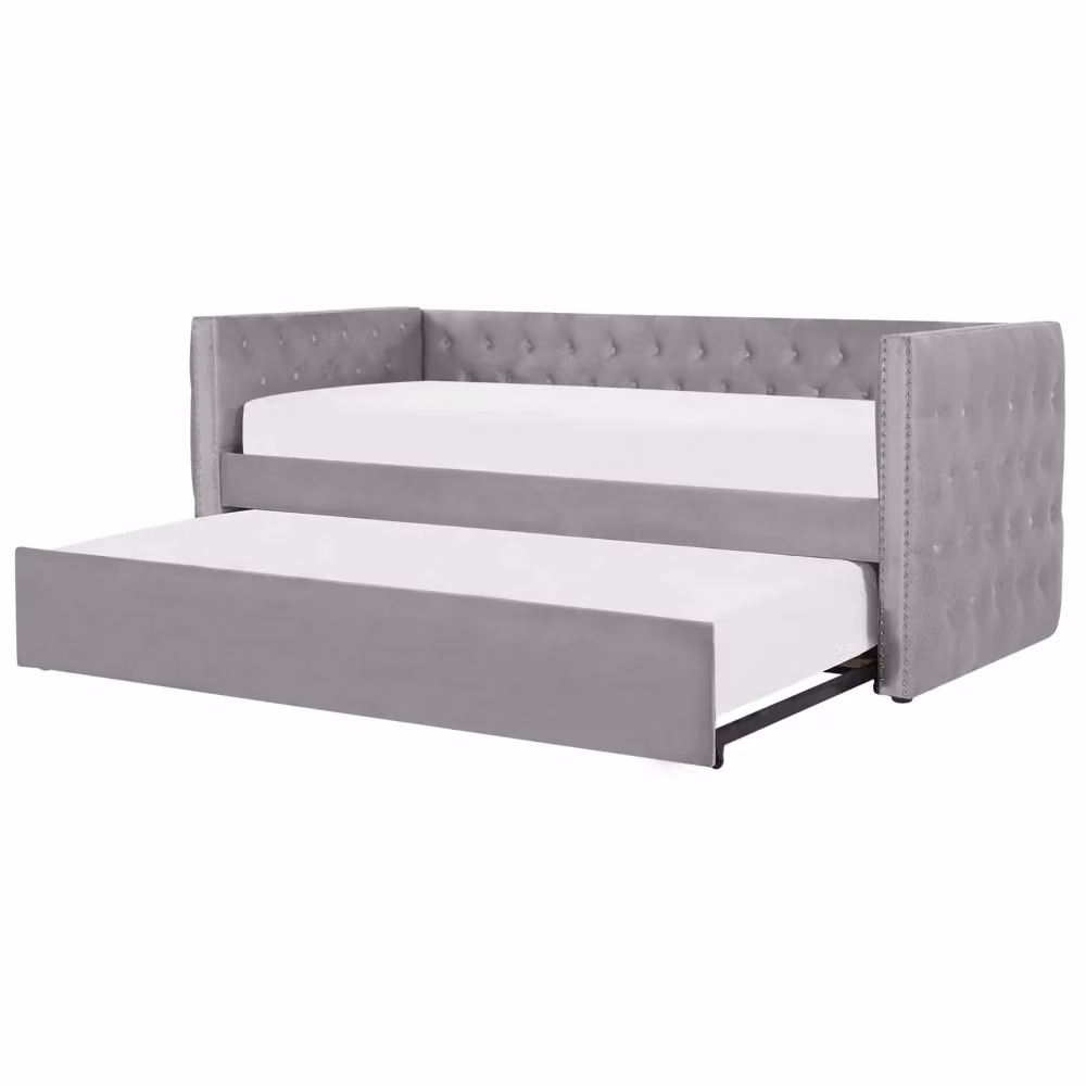 Letto da giorno estraibile BELIANI in velluto grigio con struttura in legno e rete a doghe L/P/H: 231 x 90 x 200 cm – 2