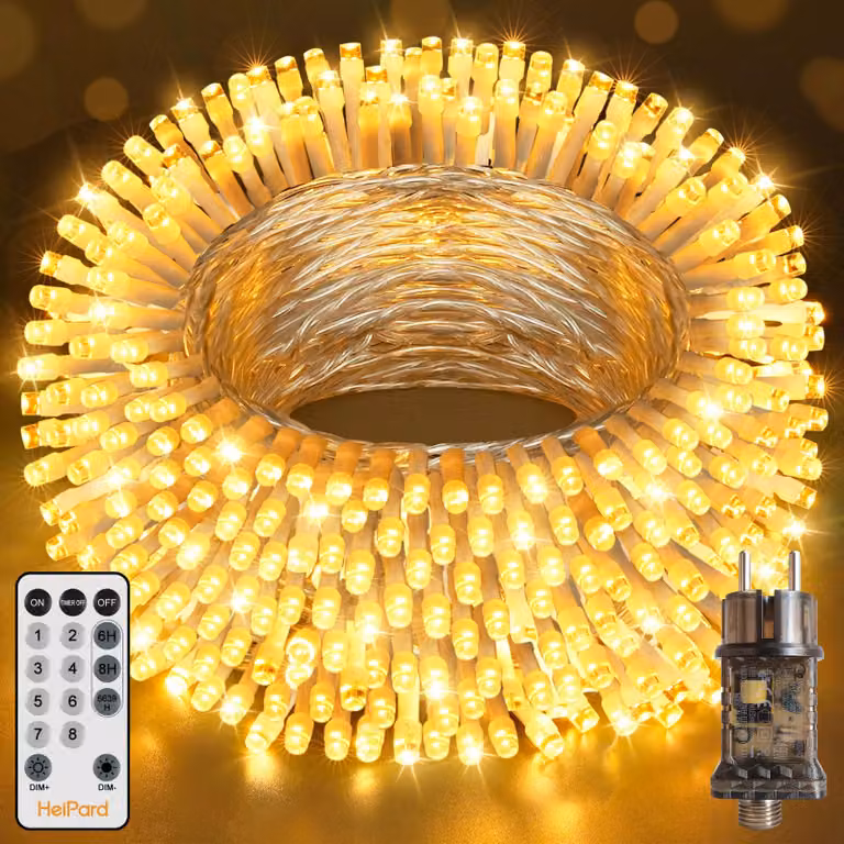 Catena luminosa con 300 LED, lunghezza 30 metri, luce bianco caldo, con telecomando, timer e grado di protezione IP44