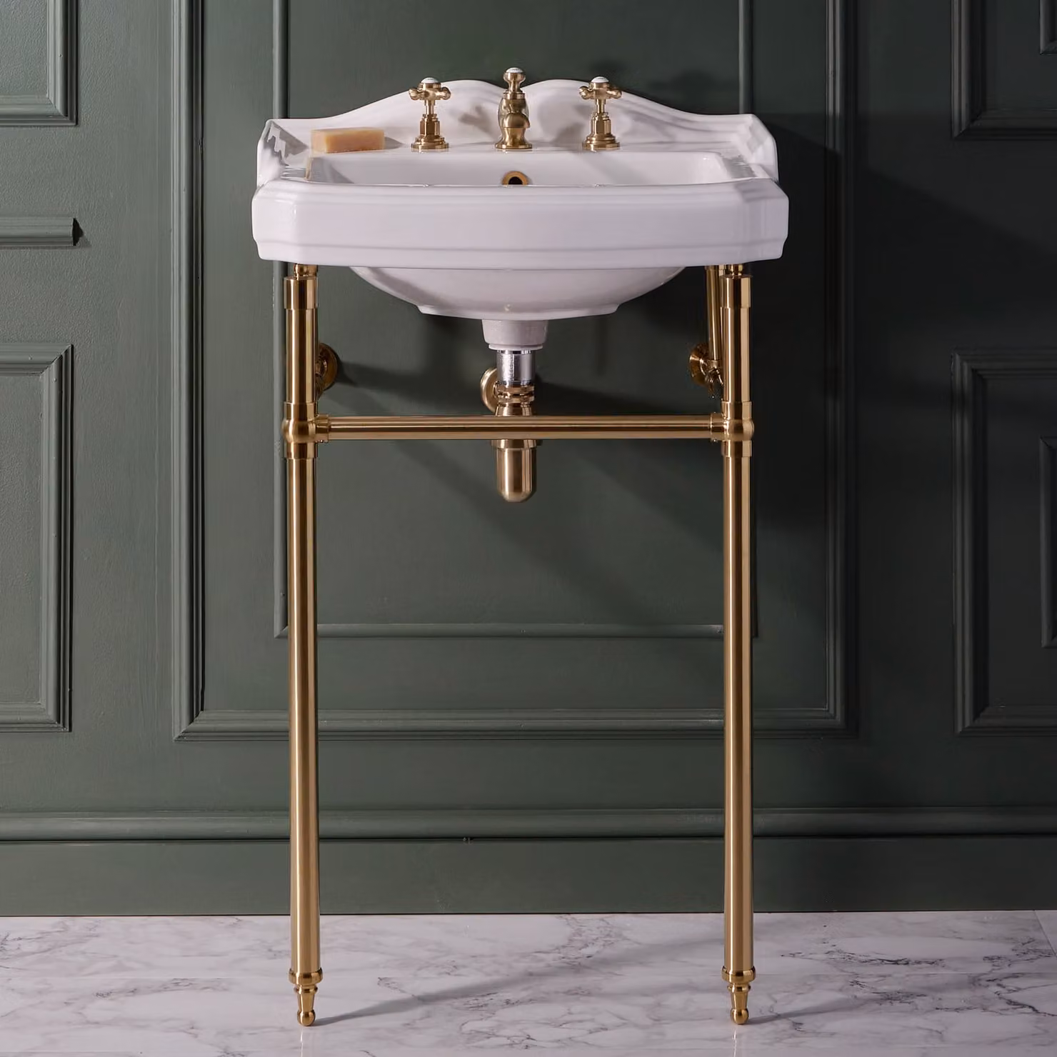 Lavabo Tradizionale da 590mm con 3 Fori per Rubinetteria e Consolle in Oro Satinato - Regent