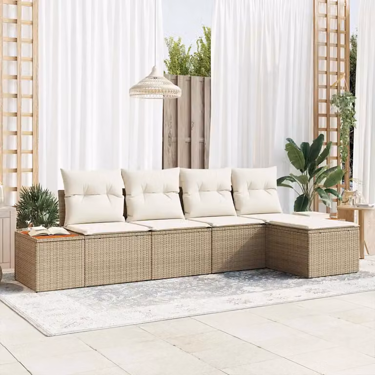 Set Divano da Giardino a L vidaXL 6 Pezzi con Tavolino e Pouf Beige e Bianco