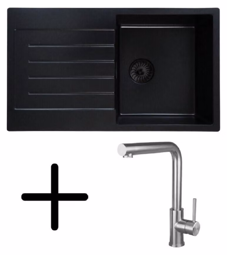 Lavello Caressi CAQPP770R10BK-EB, da incasso con rubinetto da cucina CABL003IU. Nero.