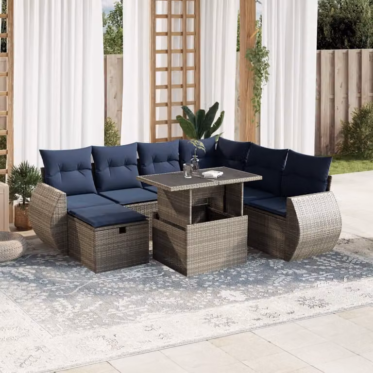Set di divani da giardino vidaXL in polyrattan grigio e blu con 8 pezzi, compresi cuscini e tavolino da esterno