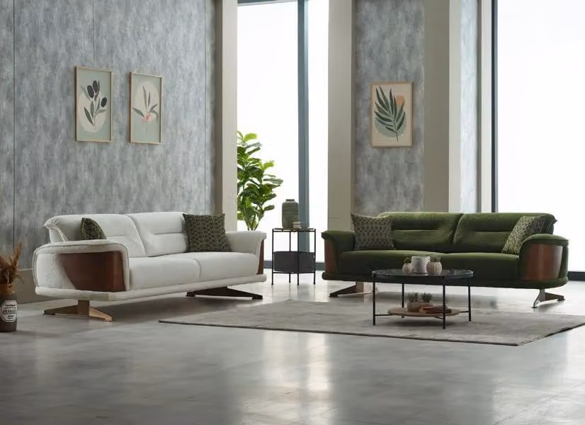 Couchgarnitur Dreisitzer Weiß Grün Couch Stoff 2tlg Polstersofa Sofas