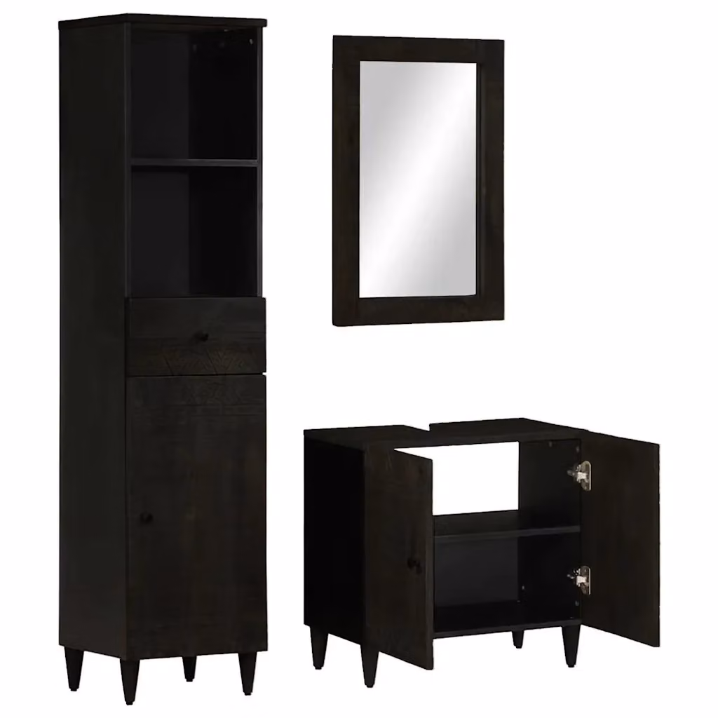 Set Mobili da Bagno 3 Pezzi vidaXL in Legno di Mango con Mobile Lavabo, Armadietto con Specchio e Colonna, Colori Nero e Grigio, L/P/H: 160 x 33 x 62 cm – 2