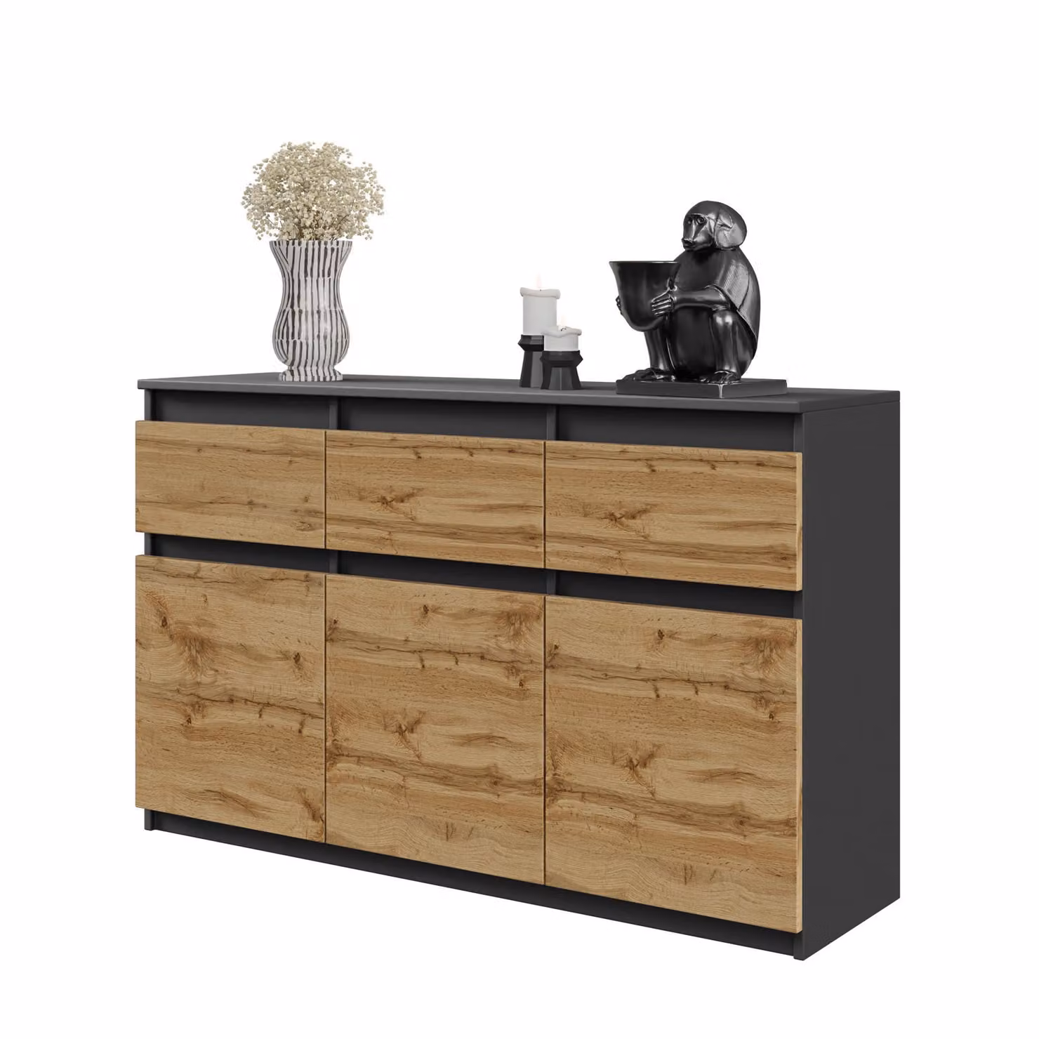 NOAH - Cassettiera / credenza con 3 cassetti e 3 ante - Grigio antracite / Rovere Wotan H75cm L120cm P35cm
