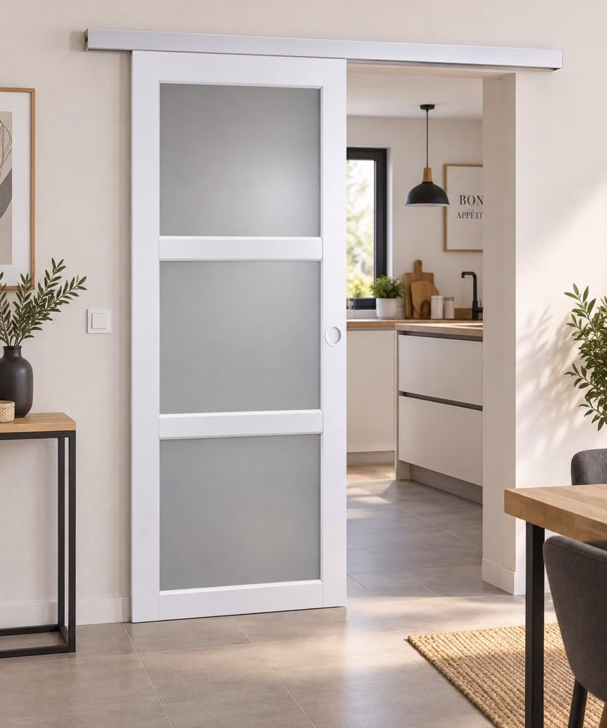 Porta scorrevole Kenya bianca con vetro H204 x L93 cm, binario in alluminio, conchiglie bianche Gd Menuiseries