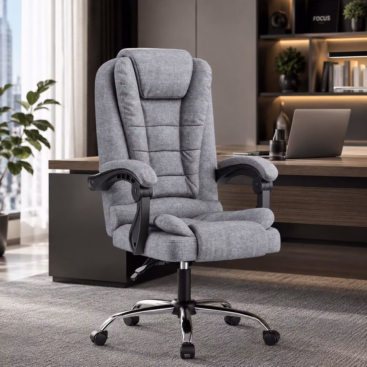 Sedia ergonomica da ufficio, sedia da ufficio con schienale alto, sedia da scrivania in tessuto, reclinabile, colore grigio