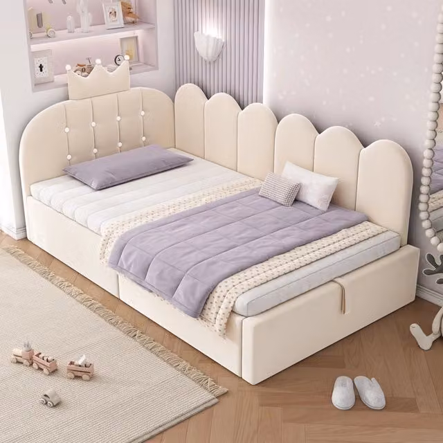 Letto per bambini 90x200 cm, divano letto, contenitore idraulico, testiera a corona, rivestimento in velluto, beige